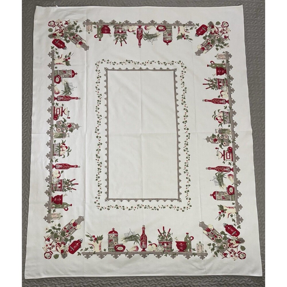 Vintage MCM Tablecloth Red Green Farmhouse Utensils Floral Print Cotton 63x50”